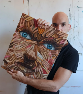 Miloš Ilić, Serbian surrealist painter, in his studio
