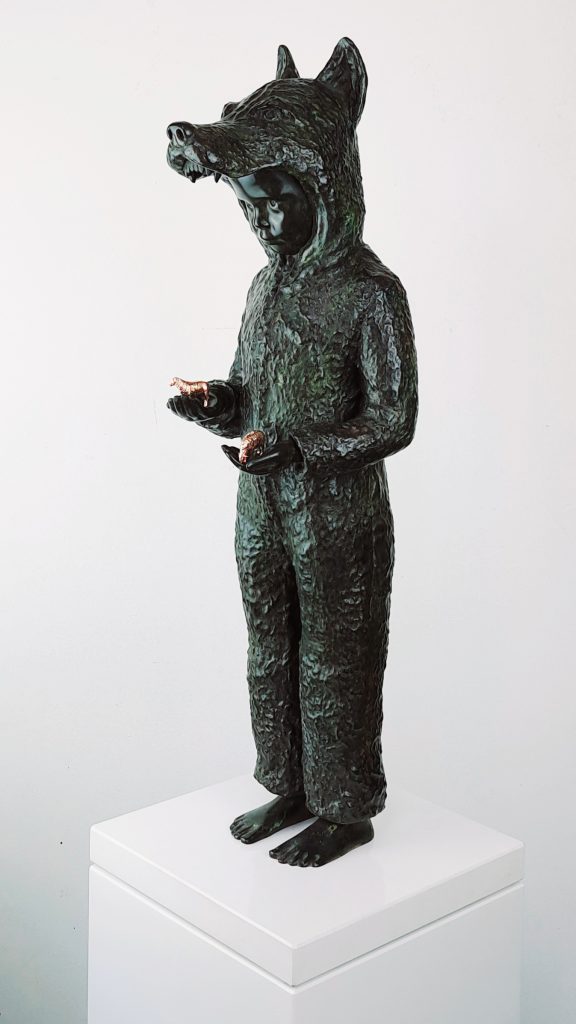 Hannes Verhoeven, "Balance," bronze, 65 cm — child in a fox costume holding small gilded animal figurines, bronze edition