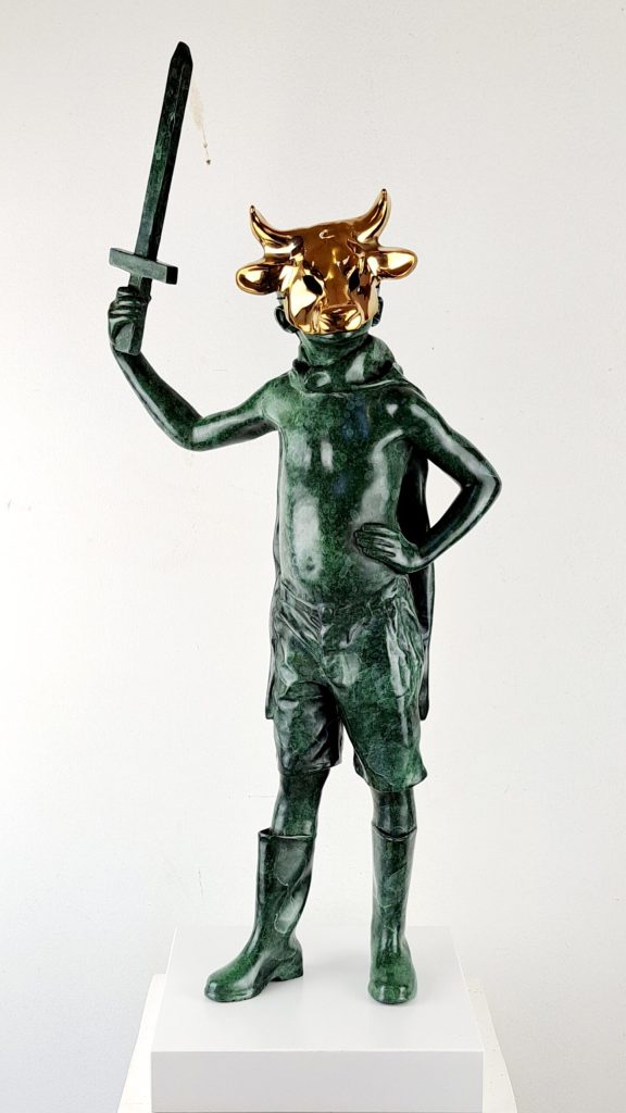 Hannes Verhoeven, "Farm Knight Boy," bronze, 70 cm — child with a gilded bull-head mask, raised sword, hand on hip
