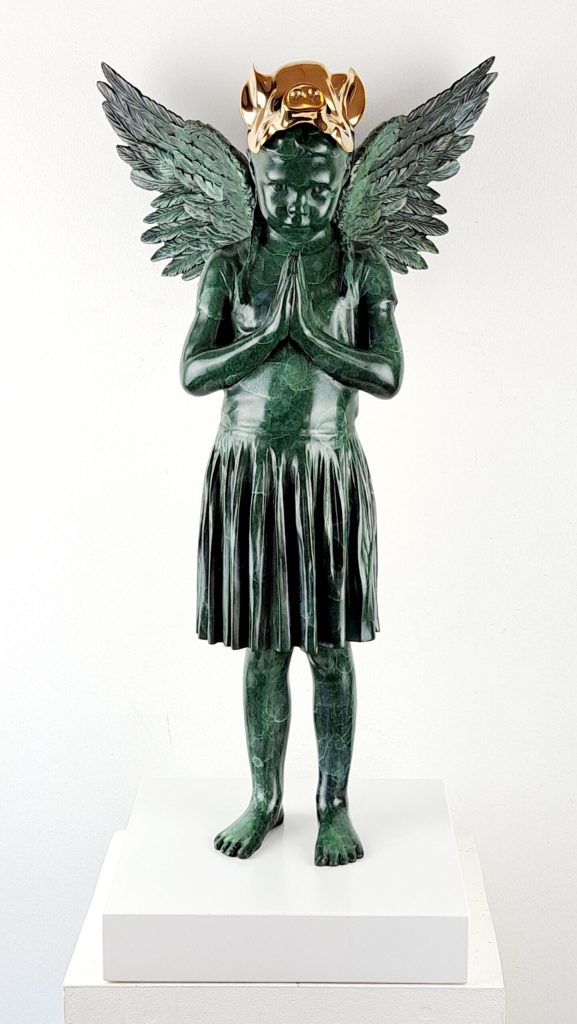 Hannes Verhoeven, "Praying Farm Girl," bronze, 60 cm — winged child figure with hands in prayer and a gilded mask element