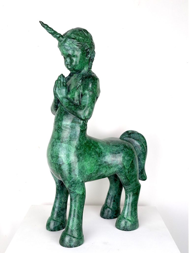 Hannes Verhoeven, "Mercy," bronze, 60 cm — a child-torsoed unicorn centaur figure with hands in prayer
