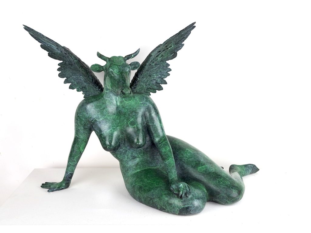 Hannes Verhoeven, "Farm Nymph," bronze, 35 cm — a winged, bull-headed reclining nude female figure