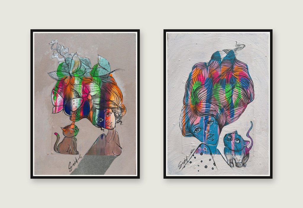 Saçlarda Kelebekler ve Kediler (İkili Set) — Sedef, çerçeveli set görünümü