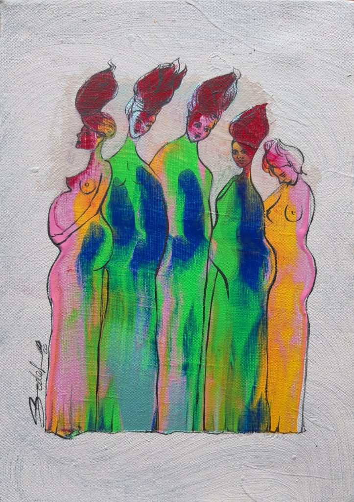 Kızıl Saçlı Kadınlar — Sedef, tuval üzerine yağlı boya ve akrilik, 25 × 34 cm
