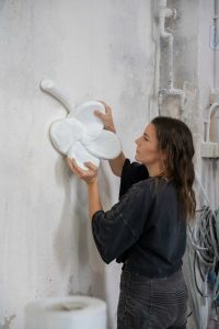 Claudia Comte working on new marble sculptures for her 2026 exhibition at Albarrán Bourdais, Madrid