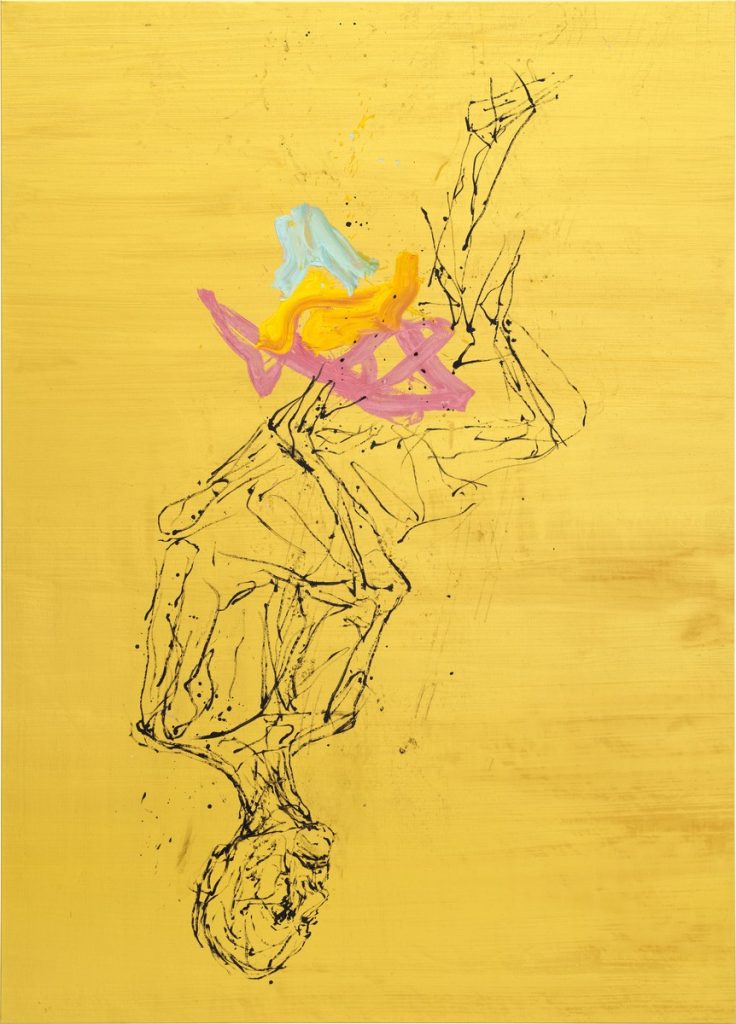 Georg Baselitz late painting with inverted figures on a gold ground, from the exhibition Meine Schule at Gagosian New York, 2026